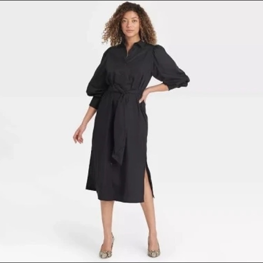 Black long balloon sleeve cotton shirt dress